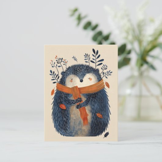 可愛いハリネズミの水彩ウッドランド動物クリスマス ポストカード (スタンド正面)