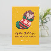 可愛いハリネズミストッキングメリークリスマス シーズンカード (スタンド正面)