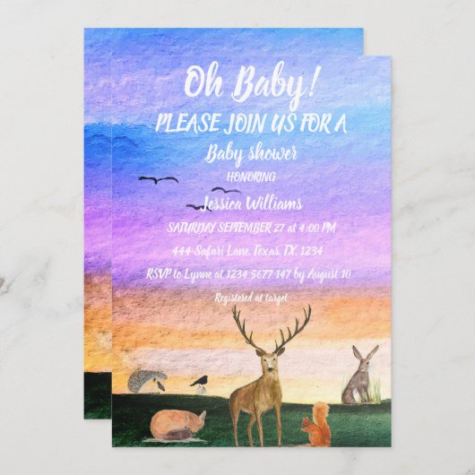 可愛いハリネズミ水彩木地動物キツネウサギ 招待状 (正面/裏面)