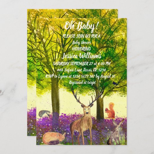 可愛いハリネズミ水彩木地動物キツネウサギ 招待状 (正面/裏面)