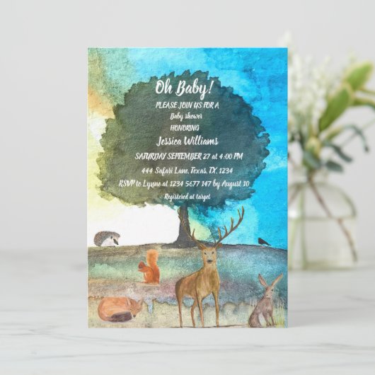 可愛いハリネズミ水彩木地動物キツネウサギ 招待状 (スタンド正面)