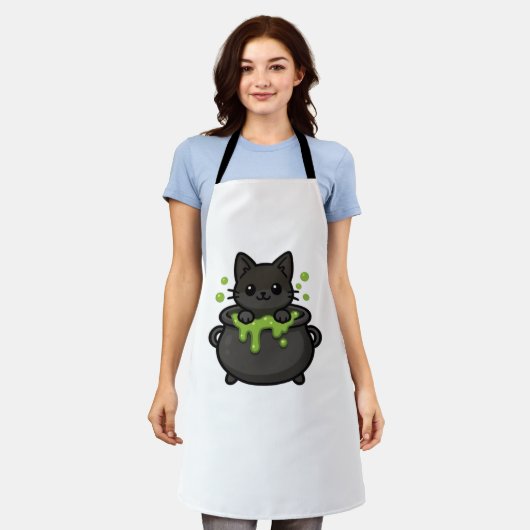 可愛いハロウィンクラシック黒猫Tシャツ エプロン (着用した状態)