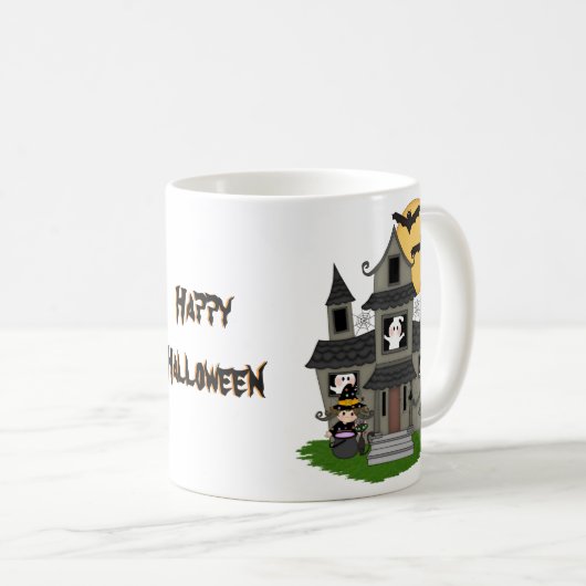 可愛いハロウィン幽霊のよく出るハウスと小さな魔女マグ コーヒーマグカップ (正面右)