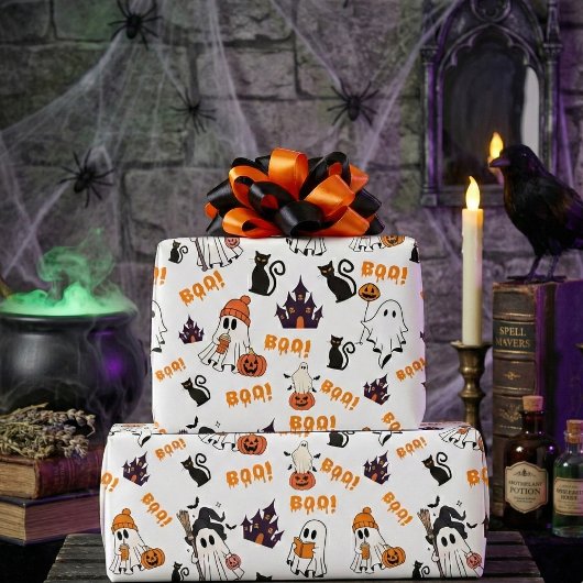 可愛いハロウィン幽霊不気味柄 – 黒猫 ラッピングペーパー