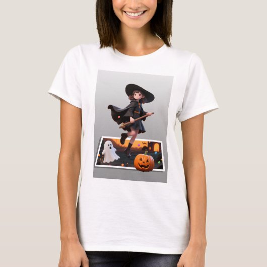 可愛いハロウィン飛んでいるの魔女 Tシャツ (正面)
