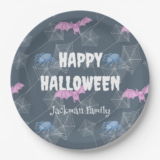 可愛いハロウィーンこうもりとクモでカスタマイズ。 ペーパープレート (正面)