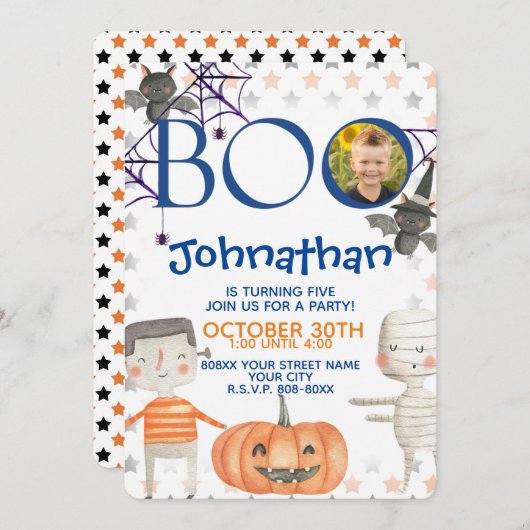 可愛いハロウィーンとフォトボーイ誕生日 招待状 (正面/裏面)