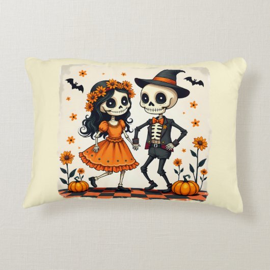 可愛いハロウィーンのスケルトンカップルinオレンジ アクセントクッション (裏面)