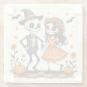 可愛いハロウィーンのスケルトンカップルinオレンジ ガラスコースター (裏面)