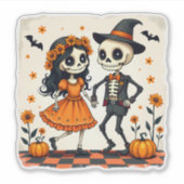 可愛いハロウィーンのスケルトンカップルinオレンジ シール (正面)