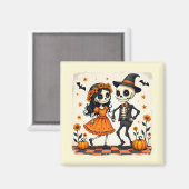 可愛いハロウィーンのスケルトンカップルinオレンジ マグネット (正面/裏面)