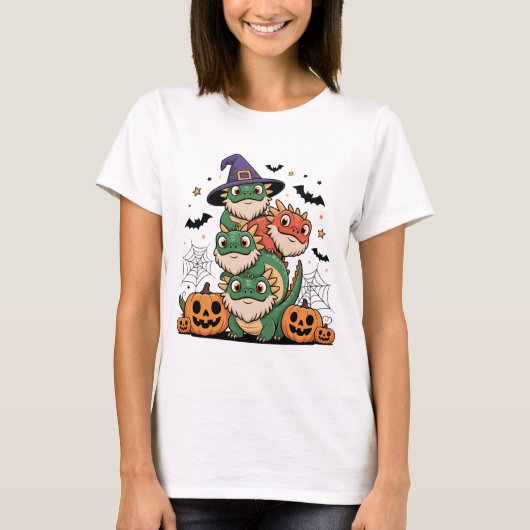 可愛いハロウィーンひげ付きドラゴンスタック Tシャツ (正面)