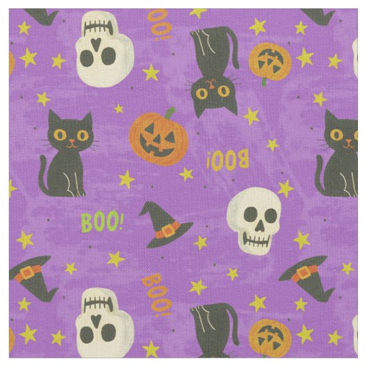 可愛いハロウィーンアイコンのパターン – 紫 ファブリック (クローズアップ)