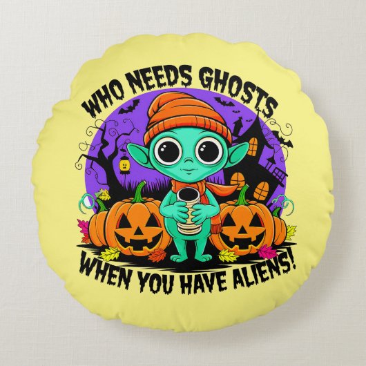 可愛いハロウィーンエイリアンデザイン不気味おもしろい! ラウンドクッション (正面)