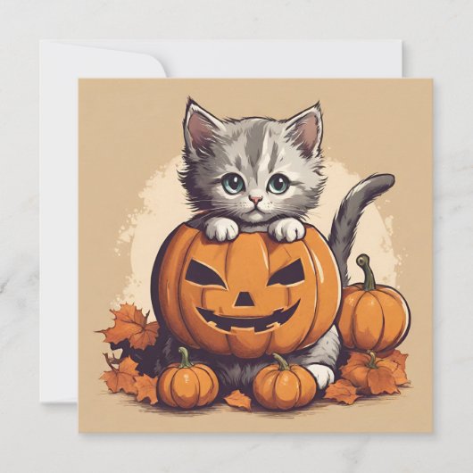 可愛いハロウィーンキットンとジャック・オ・ランタン カード (正面)