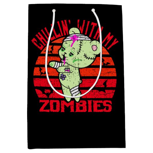 可愛いハロウィーンチリンと私のゾンビのテディベア ミディアムペーパーバッグ (正面)