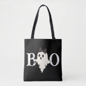 可愛いハロウィーントートバッグ – "Boo"幽霊with Bow トートバッグ (正面)