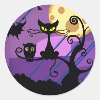 可愛いハロウィーンブラックキャット/フクロウ不気味&ツリーステッカー ラウンドシール