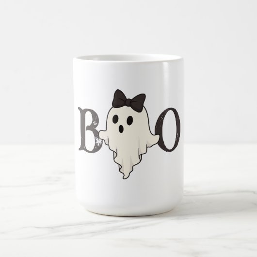 可愛いハロウィーンマグ – "Boo"幽霊with Bow コーヒーマグカップ (中央)