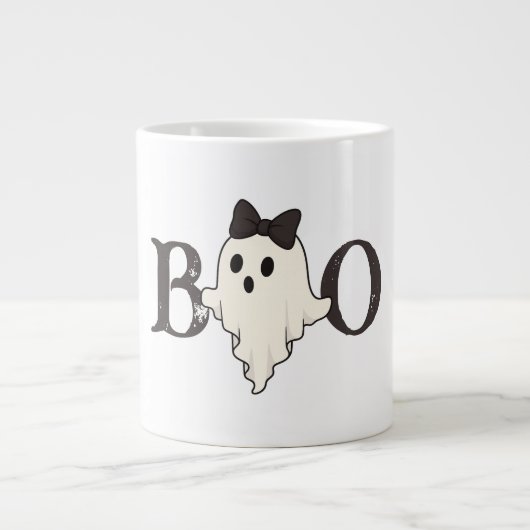 可愛いハロウィーンマグ – "Boo"幽霊with Bow ジャンボコーヒーマグカップ (正面)