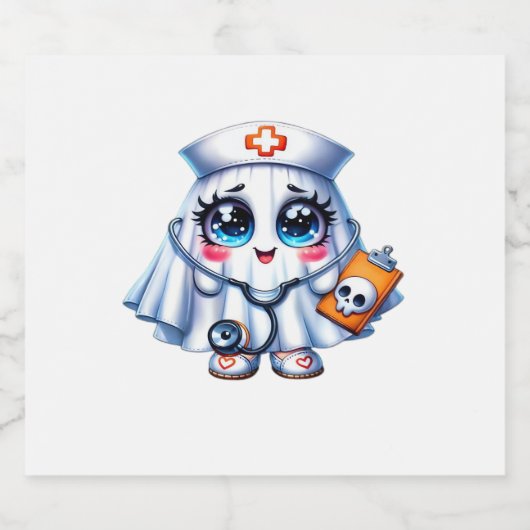 可愛いハロウィーン幽霊をナースの制服クラシックに スパークリングワインラベル (シングルラベル)