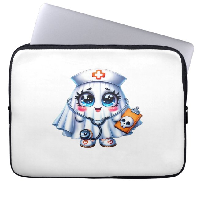 可愛いハロウィーン幽霊をナースの制服クラシックに ラップトップスリーブ (正面)