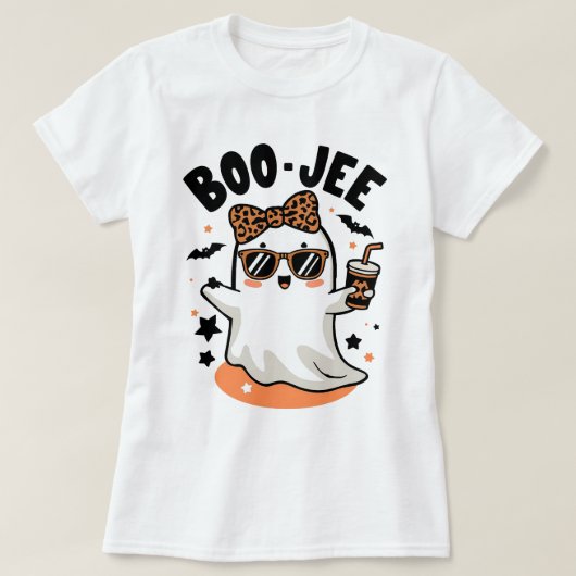 可愛いハロウィーン幽霊デザインとヒョウ柄 Tシャツ (デザイン正面)