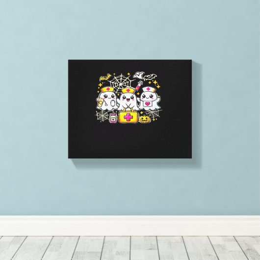 可愛いハロウィーン幽霊ナーストリオとメディカルキットa キャンバスプリント (インサイチュ (ウッドフロア))