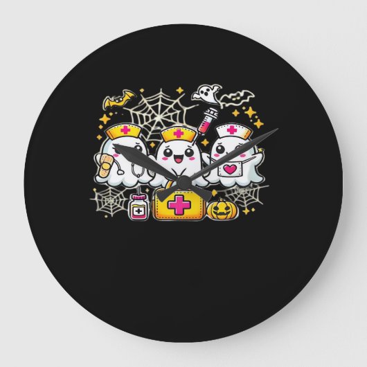 可愛いハロウィーン幽霊ナーストリオとメディカルキットa ラージ壁時計 (正面)