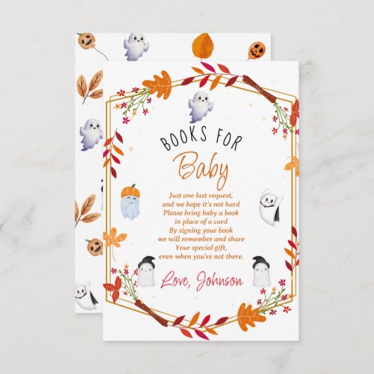 可愛いハロウィーン幽霊本の赤ちゃんシャワー エンクロージャーカード (正面/裏面)