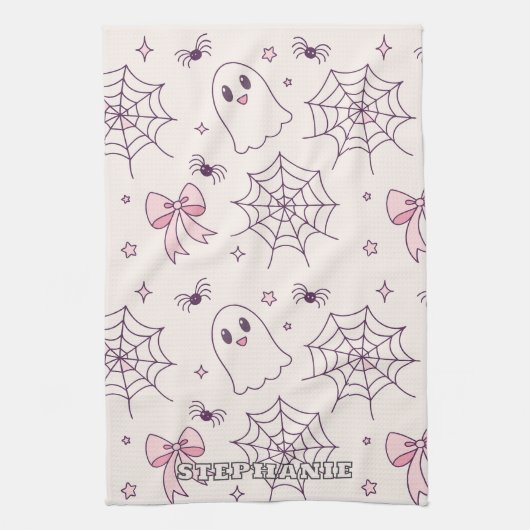 可愛いハロウィーン幽霊&スパイダーウェブパターン キッチンタオル (縦)