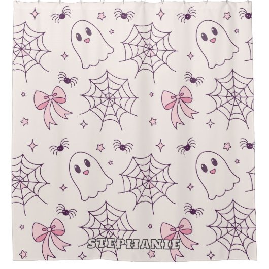 可愛いハロウィーン幽霊&スパイダーウェブパターン シャワーカーテン (正面)