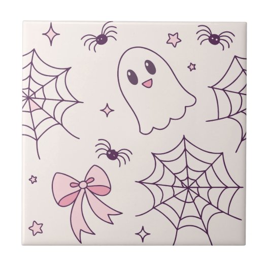 可愛いハロウィーン幽霊&スパイダーウェブパターン タイル (正面)
