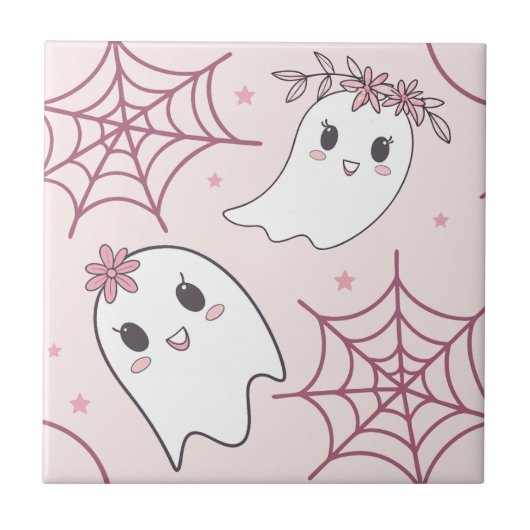 可愛いハロウィーン幽霊&スパイダーウェブパターン(2) タイル (正面)