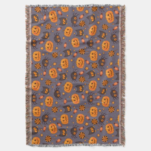 可愛いハロウィーン模様の紫の背景 スローブランケット (正面縦)