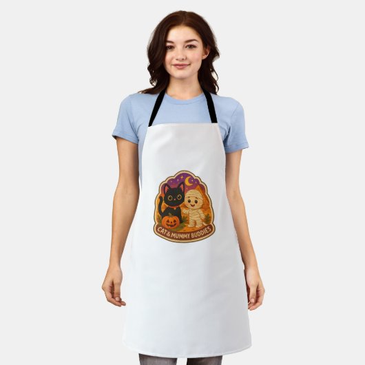 可愛いハロウィーン猫とミイラ刺繍パッチスティック エプロン (着用した状態)
