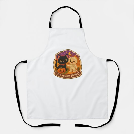 可愛いハロウィーン猫とミイラ刺繍パッチスティック エプロン (正面)