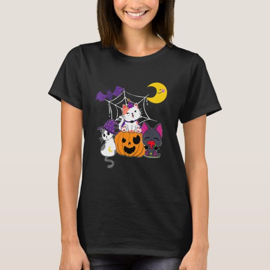 可愛いハロウィーン猫の魔女ジャコランタンカボチャの子 Tシャツ (正面)