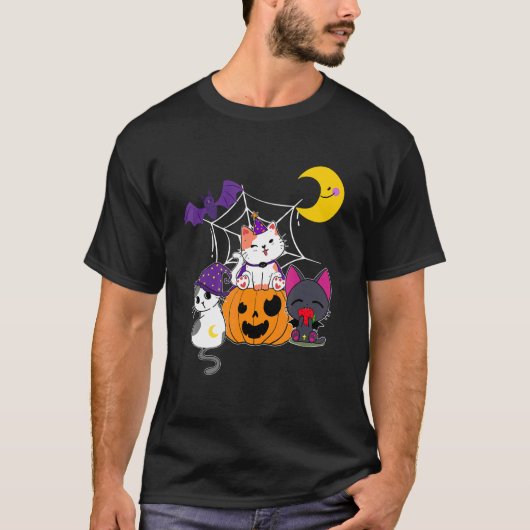 可愛いハロウィーン猫の魔女ジャコランタンカボチャの子 Tシャツ (正面)