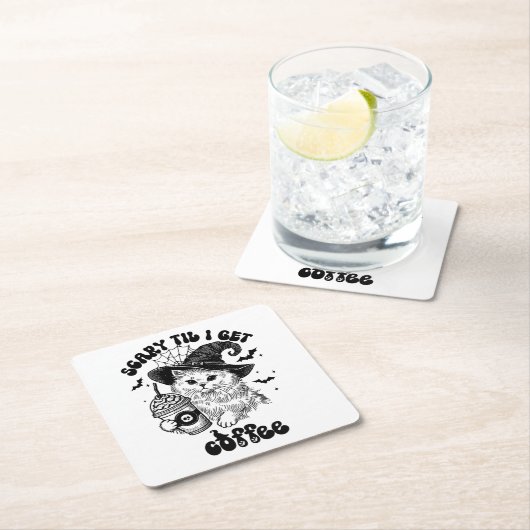 可愛いハロウィーン猫コーヒー – 怖いコーヒーが飲めるまで スクエアペーパーコースター (インサイチュ)