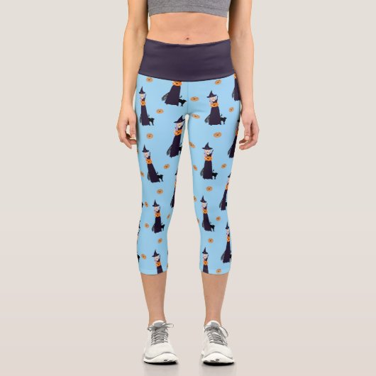 可愛いハロウィーン魔女かぼちゃ黒猫パターン カプリレギンス (正面)