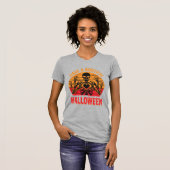 可愛いハロウィーン スケルトン ハート レトロ 日没 デザイン Tシャツ (正面フル)