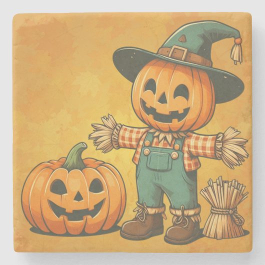 可愛いハロウィーン/秋のスカラウとカボチャ ストーンコースター (正面)