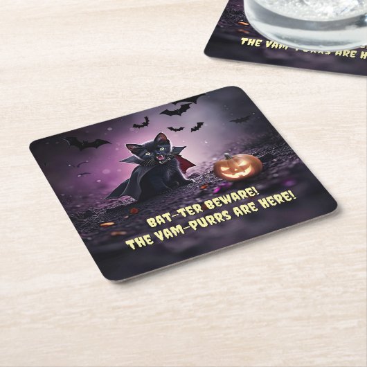 可愛いハローウィンパーティと黒猫ヴァンパイア スクエアペーパーコースター (アングル)