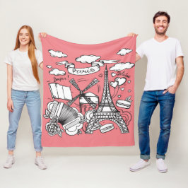 可愛いハンドスケッチエッフェルタワーパリフランスピンク フリースブランケット