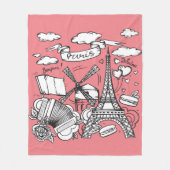 可愛いハンドスケッチエッフェルタワーパリフランスピンク フリースブランケット (正面)
