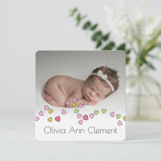 可愛いハートの列の写真の誕生発表 カード (スタンド正面)