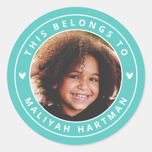 可愛いハートサークルフレーム写真名学校アクア ラウンドシール (正面)