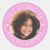 可愛いハートサークルフレーム写真名学校ピンク ラウンドシール (正面)