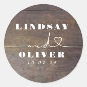 可愛いハートスクリプトブラウン素朴ウッド結婚ズ ラウンドシール (正面)